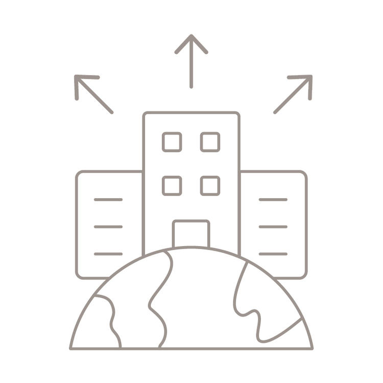 Simple line illustration of half of planet earth with buildings on top and arrows above the buildings that point up and outwards, symbolizing company growth.